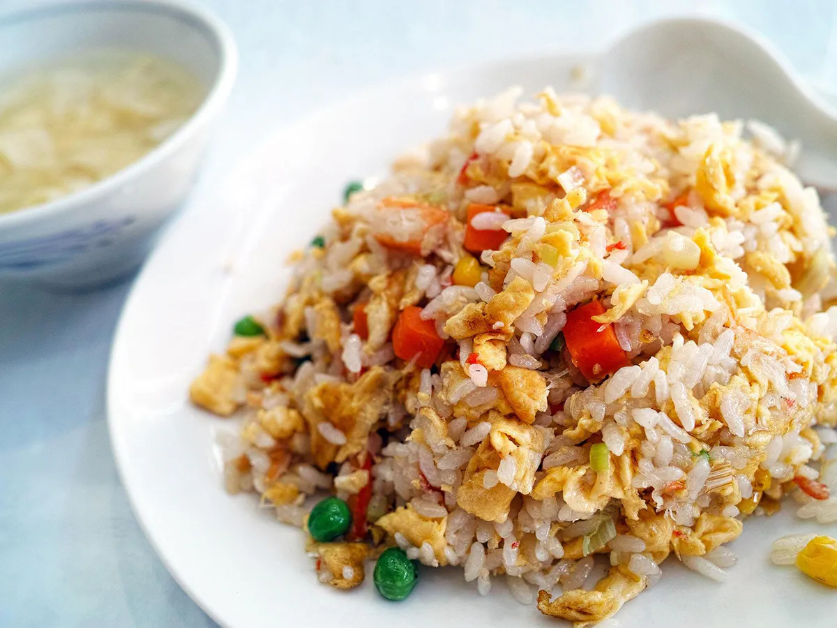 Colorful vegetable egg fried rice with fresh diced ingredients at China a Go Go, a Chinese Restaurant in Henderson