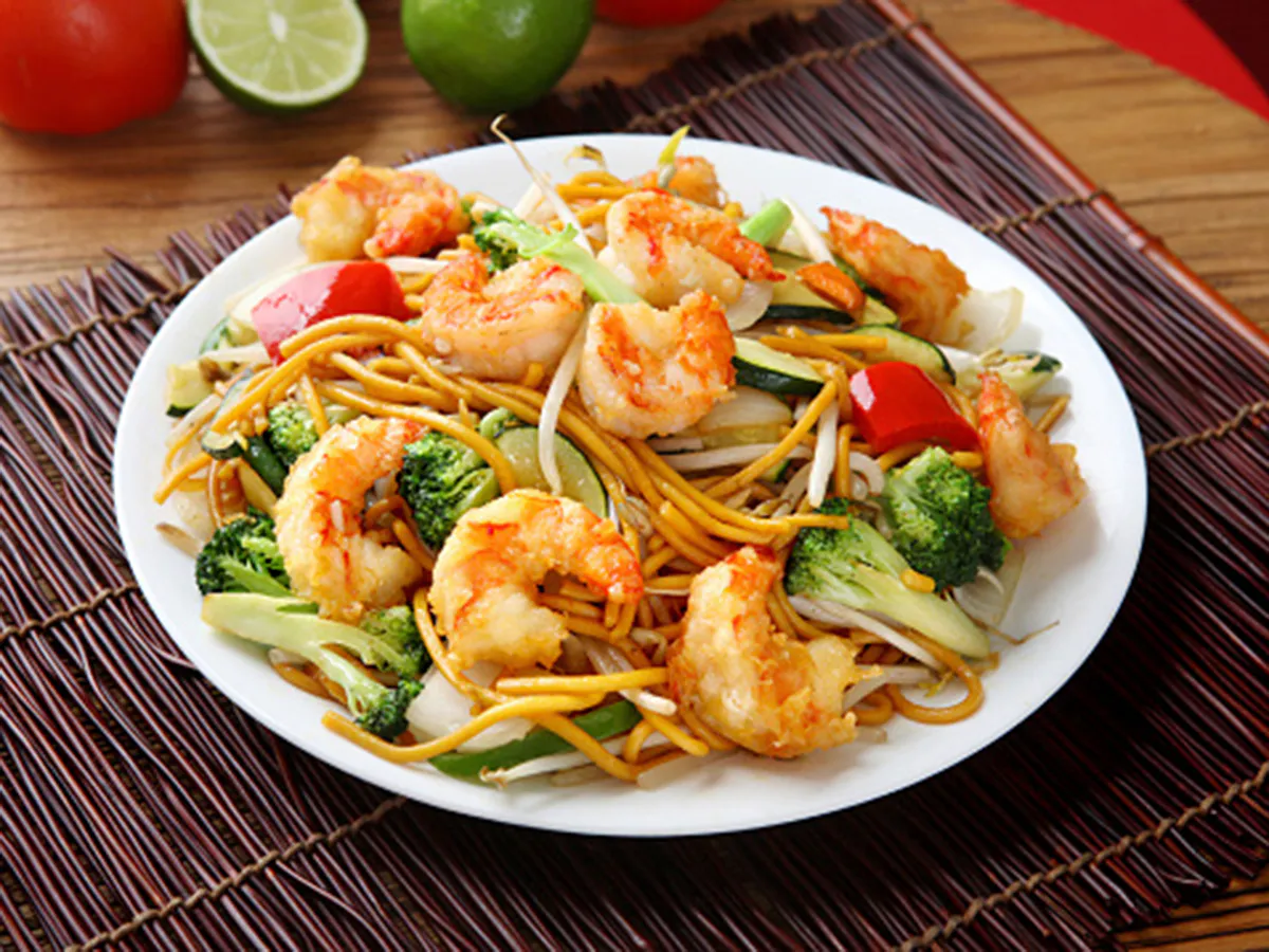 Stir-fried golden egg noodles with plump shrimp and mixed vegetables at China a Go Go, a Chinese Restaurant in Henderson