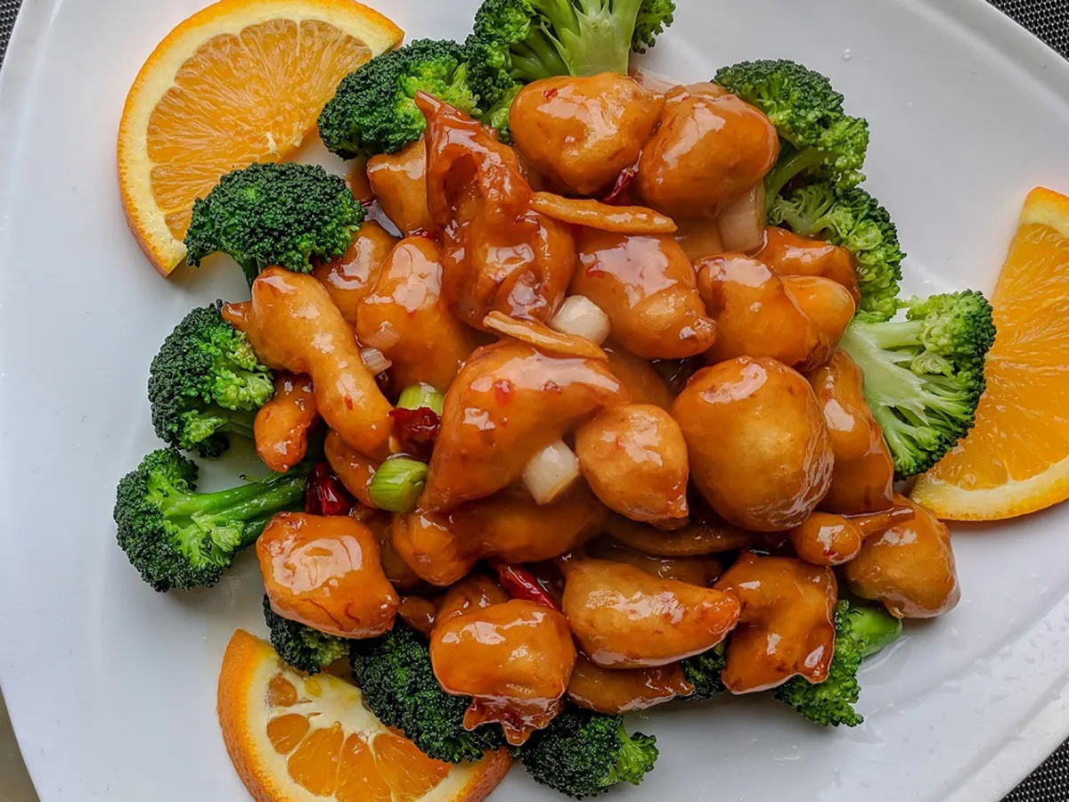 Sweet orange glazed chicken with fresh broccoli and orange slices at China a Go Go, a Chinese Restaurant in Henderson